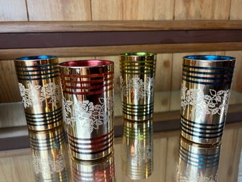 Set Of Four Colored Glass Gold Striped Tumblers