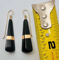 STUNNING 14K GOLD LONG ONYX DANGLE EARRINGS WITH LONG GOLD WIRES