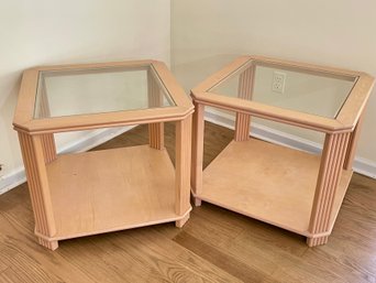 Pair Of Wood Side Tables With Beveled Glass Tops Circa 1980s