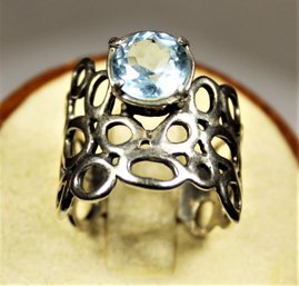 Wide Sterling Silver Ladies Ring Having Aquamarine Blue Stone Size 8