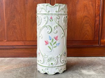 Pretty & Colorful Ceramic Umbrella Stand Signed By Artisan