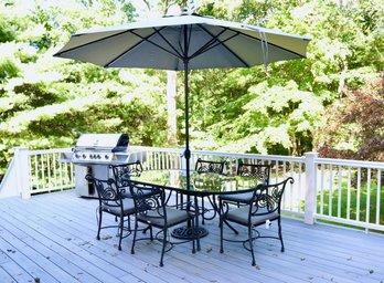Woodard Landgrave Cast Classic Set Includes  Chairs, Outdoor Glass Table,  And Galtech Umbrella
