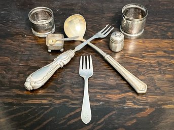 A Collection Of Vintage Sterling Silver Utensils, Salt Cellar, And More