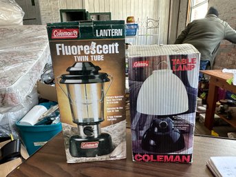 Coleman Lantern In Box And Coleman Table Lamp In Box.