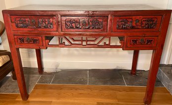 Antique Chinese Five Drawer Table With Hand Carvings