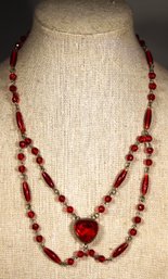 Czech. Red Glass And Gilt Brass Festoon Necklace 16' Long GREAT Look 1920s