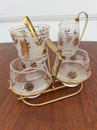 Mid Century Libby Sugar And Creamer With Caddy, Ice Bucket With Tongs, And Small Pitcher
