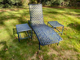 Navy Blue Strap Designed Chaise Lounge With Two Side Tables