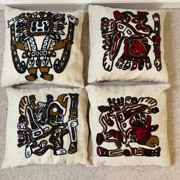4 Decorative Hand Embroidered Wool Throw Pillows From Peru - 14' Square With Zip Off Covers