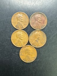 5 Wheat Pennies 1934, 1935, 1936, 1937, 1939