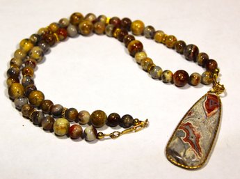 14K Gold Jasper Agate Gorgeous Beaded Necklace W Large Pendant