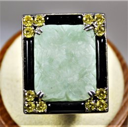 Size 8 Amazing Carved Jade, Canary Citrine, Black Onyx Sterling Silver Fancy Ring