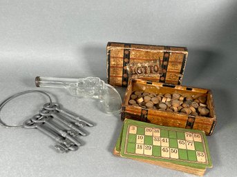 Vintage Bingo, Glass Gun And Metal Keys