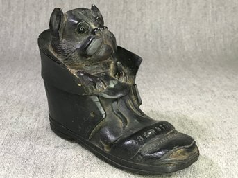 Incredible Antique Figural Carved Dog In Shoe German Inkwell Marked Oberstdorf - Absolutely Fantastic Piece !