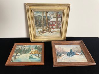 Lot Of 3 Framed Oil Paining Prints Of Winter Landscapes