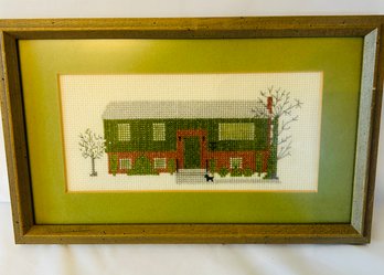 Small Framed Cross Stitch Picture Of House, Handmade