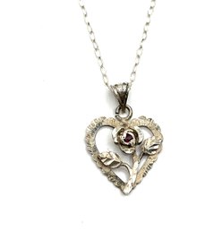 Vintage Sterling Silver Heart Shaped Rose Pendant Necklace