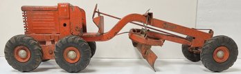 Vintage Orange Toy Doepke Adams Road Grader - Pressed Steel - Played With - 26 X 8.75 X 7.5 H - Goodyear Tires