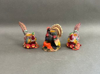 Colorful Turkey & Pheasant Candle Holders In Composite