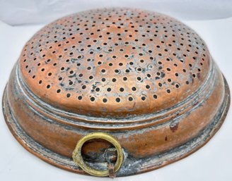 Vintage 1960s Copper Clad Large Colander With Brass Hook To Hang, Greece