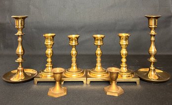 Collection Of Eight Vintage Brass Candlestick Holders
