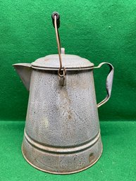 Huge Vintage Granite Enamel Ware Gray Speckled Large Cowboy Coffee Pot Kettle With Turned Wood Handle.