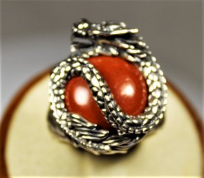 Fine Size 8 Sterling Silver Ring Having Dragon Embracing Red Stone