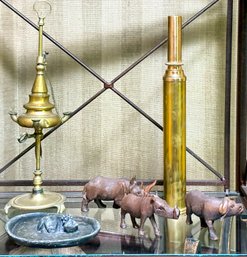 A Vintage Brass Oil Lamp And African Animal Carvings