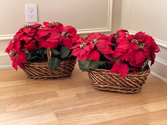 Woven Baskets With Faux Poinsettia Plants- A Pair