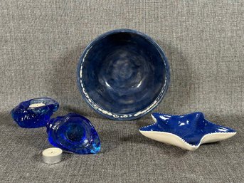 Beachy Items In Blue: Starfish Dish, Candleholders & Studio Pottery Bowl