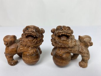 Pair Of Miniature Wood Carved Foo Lions (2)