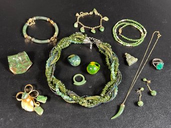 A Very Nice Grouping Of Vintage Jewelry With Natural Polished Jade & More