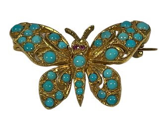 High Karat Gold 18K  Butterfly Brooch Pin Turquoise & Rubies 6.8 Grams