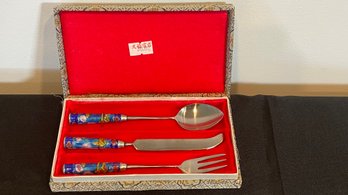 Vintage Chinese Cloisonne Enamel Mini Cutlery Set In Velvet Lined Box