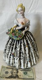 Large Vintage CAPODIMONTE ITALY Porcelain Statue Of A Maiden With Basket Of Flowers