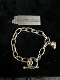 Sterling Silver 925 Barra Chain Link Bracelet & Heart Charm Toggle Clasp Has Tags 7.5' Length 23 Gram Weight