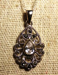 Sterling Silver 18' Long Chain Necklace Having CZ Drop Pendant In Sterling