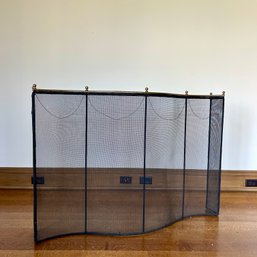 A Curved Brass Capped Wire Mesh Fire Screen - 31w X 35h X 6d At End, 10d At Enter