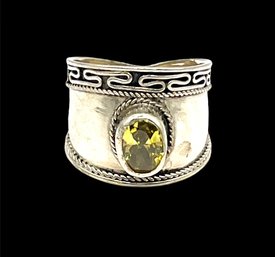 Vintage Sterling Silver Peridot Color Stone Ornate Ring, Size 6.75