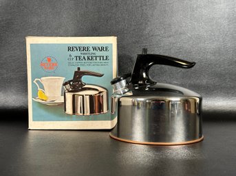 A Vintage 6-Cup Whistling Teapot In Stainless Steel With Copper Bottom & Original Box By Revere Ware