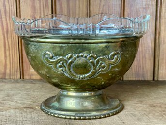 Antique Footed Brass Bowl With Cut Glass Insert - Made In Copenhagen