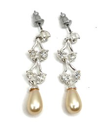 Beautiful TRIFARI Sparkly Clear Stones And Pearl Color Dangle Earrings