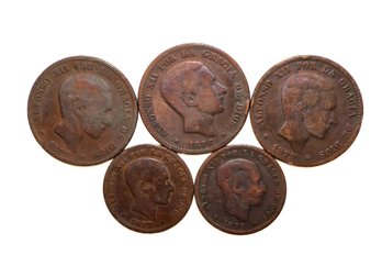 19th Century Spain Coins - 5 Coins Total - 1877, 1878, 1879