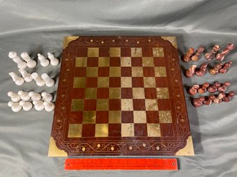 Solid Hardwood Mahogany? Brass Inlay Travel Chess Board Backgammon Marble Pieces