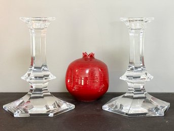 A Pair Of Val St. Lambert Crystal Candlesticks And A Porcelain Pomegranate