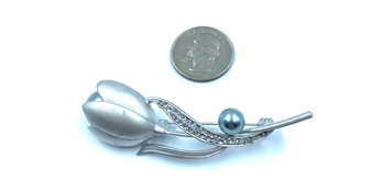 Matte Silvertone Rose Brooch With Faux Grey Pearl