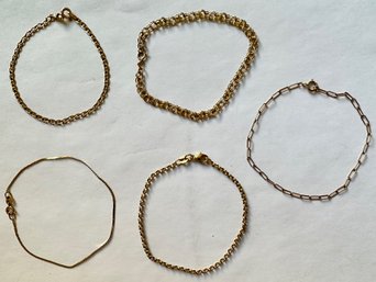 5 Gold Chain Bracelets, Marked 14K Or 585, Italy