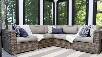 West Elm Wicker Urban Outdoor Outdoor Grey L- Sectional With Grey Cushions And Decorative Pillows
