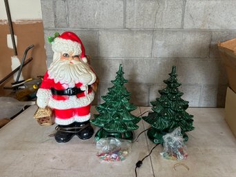 Vintage Ceramic Light Up Santa With 2 Ceramic Christmas Trees