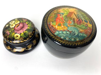 Two Russian Painted Covered Trinket Boxes (2)